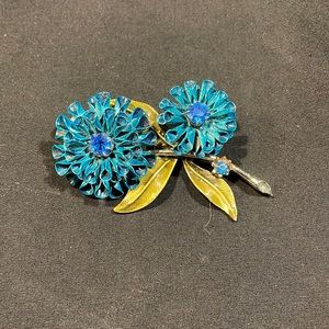 Signed Coro Vintage Brooch Double Flower Blue Turquoise Teal Enamel Rhinestone